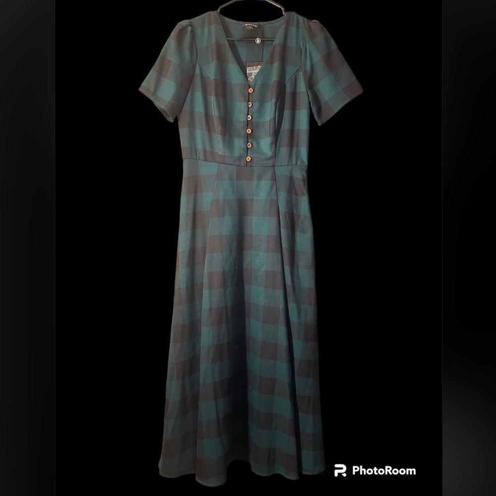 Sidecca Vintage-Inspired Green & Black Checkered Button-Front Dress